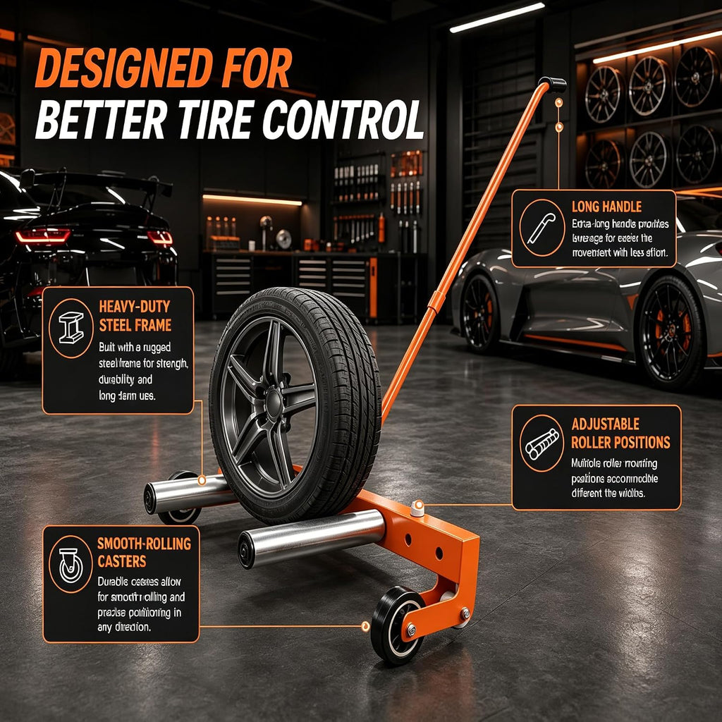 Heavy Duty Adjustable Tire Wheel Dolly, 330LBS Capacity, 12"-24" Adjustable Width, 360° Rotatable Rollers for One-Handed Stud Alignment, Tire Dolly for Changing and Moving Semi Truck SUV ATV RV Tires