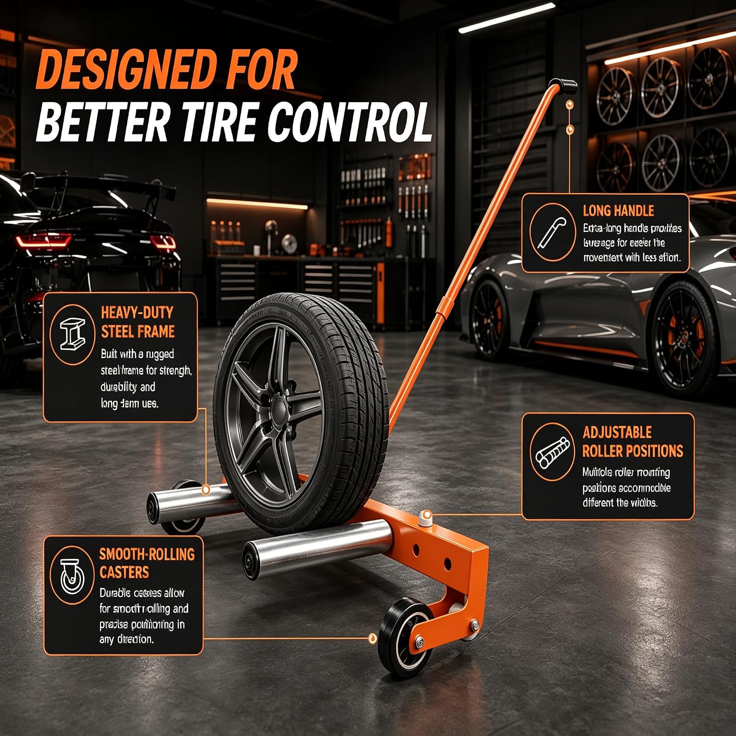 Heavy Duty Adjustable Tire Wheel Dolly, 330LBS Capacity, 12"-24" Adjustable Width, 360° Rotatable Rollers for One-Handed Stud Alignment, Tire Dolly for Changing and Moving Semi Truck SUV ATV RV Tires
