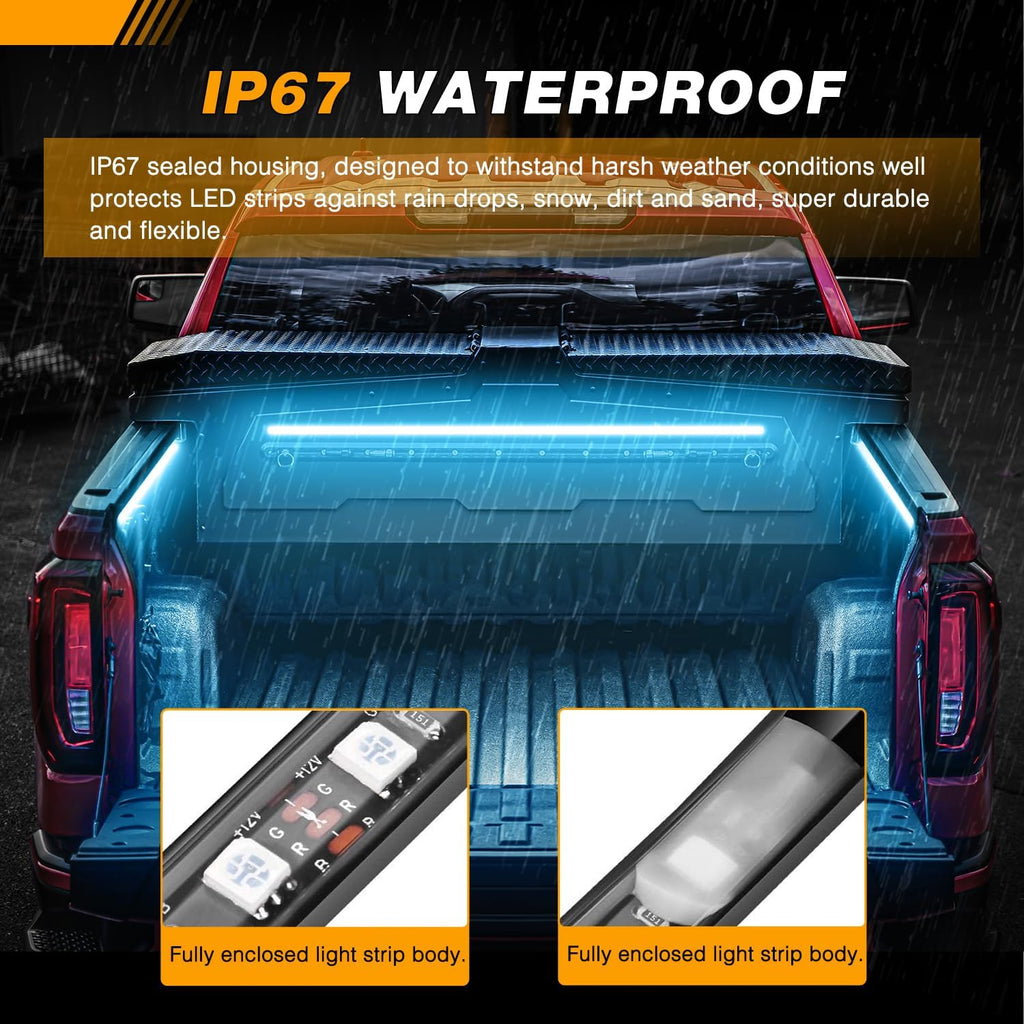 GOOACC RGB Truck Bed Light Strip 3PCS 60" 270 LEDs Neon Accent Lighting with RF Remote On/Off Switch Splitter Extension Cable for 12-Volt Car Cargo Pickup SUV RV Boat