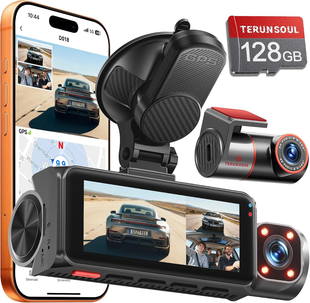 4k+4k+1080p 3 channel dash cam, free 128gb card, main product view