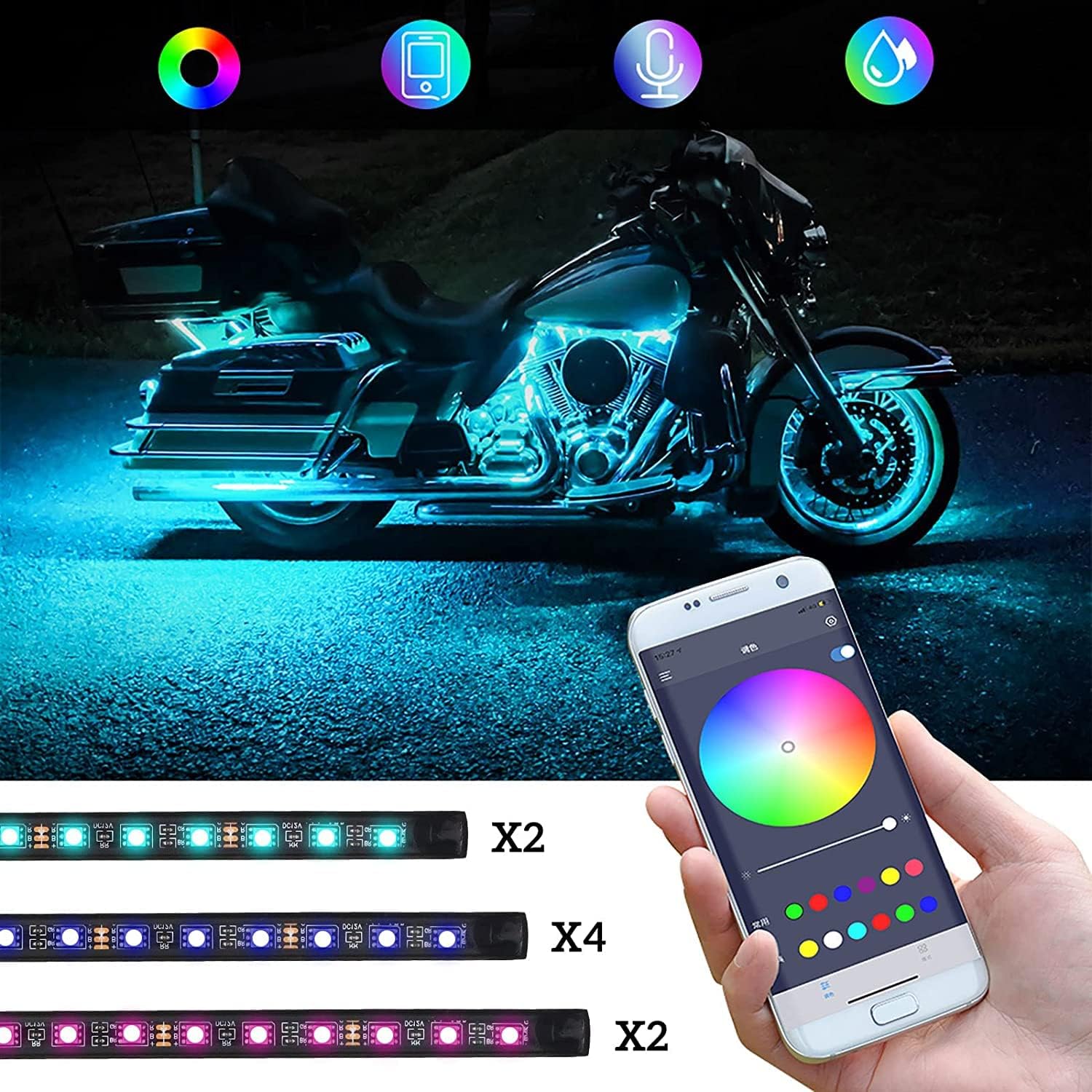 8PCS Motorcycle Underglow LED Light Kit, App Control Multicolor Motorcycle LED Light Kit Music Sync RGB Strips Light Waterproof Compatible with Harley Davidson Honda Kawasaki Suzuki