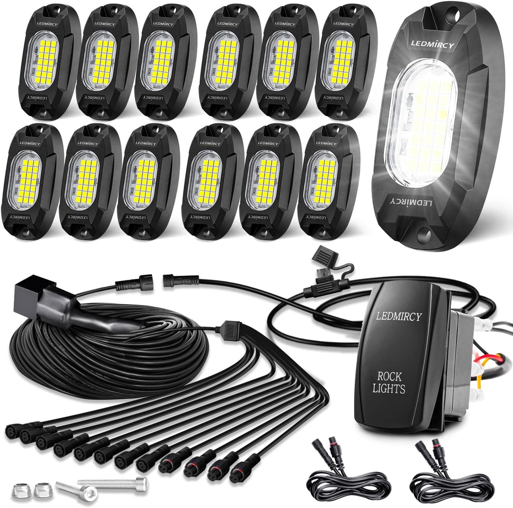 White Rock Lights,LEDMIRCY R6 LED Pure White Rock Lights 12PCS with Rocker Switch Wire Harness Kit for Trucks UTV Off Road Boat ATV Luces para Carro Super Bright High Power Light Waterproof Shockproof