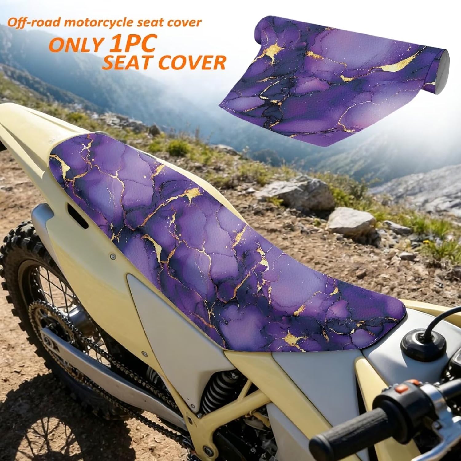 Dirt Bike Seat Cover 1 Piece Leather Motorcycle Seat Cover Anti-Scratch Easy to Clean for E Dirt Pit Bike Ebike Motocross Motorcycle Enduro, Purple Gold Marble