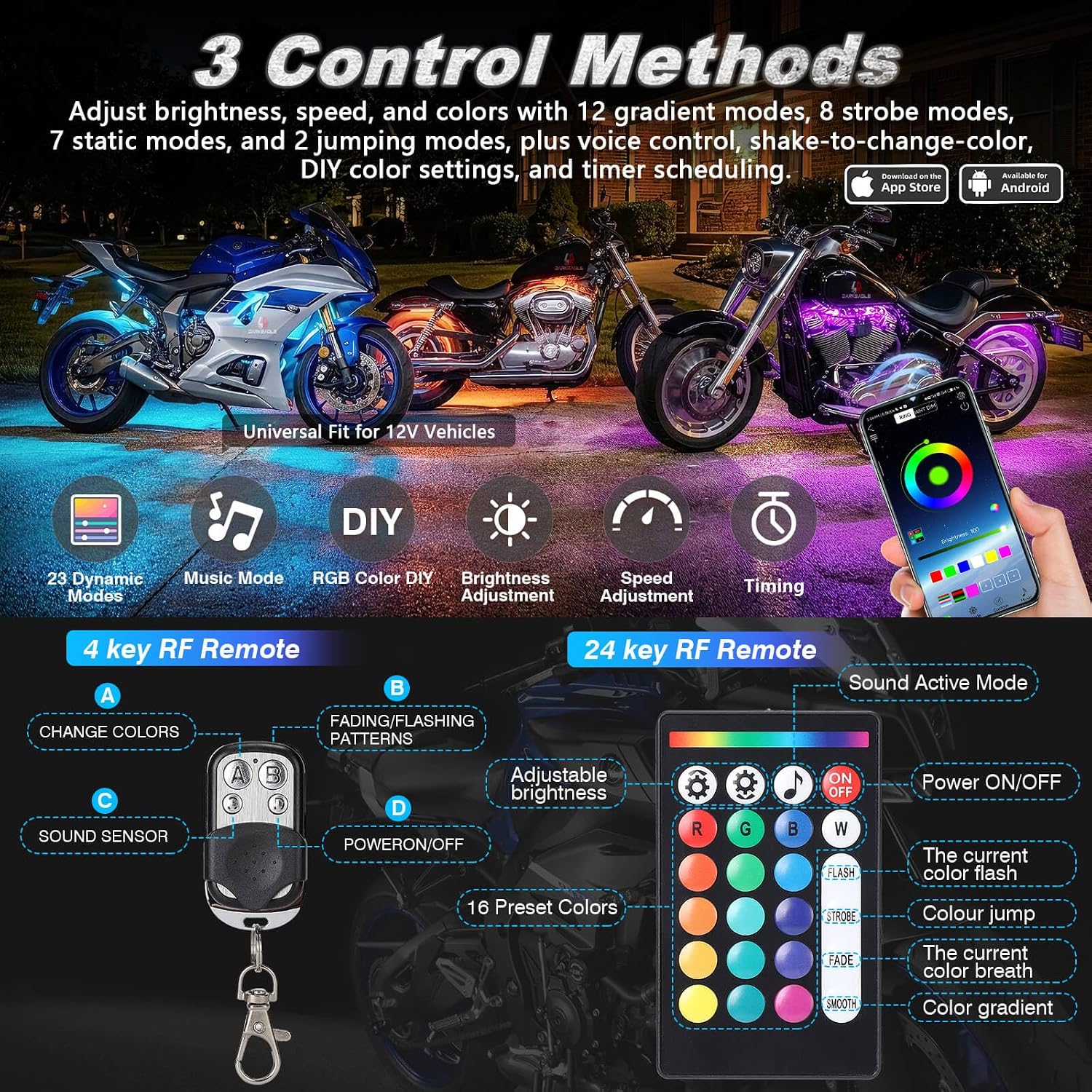 8PCS Motorcycle RGB LED Accent Lights with APP & RF Remote, Waterproof Frame & Engine Underglow Pods with Brake Turn Signal, 12V for Harley, Cruiser, Street, Sport Bike, Dirt Bike