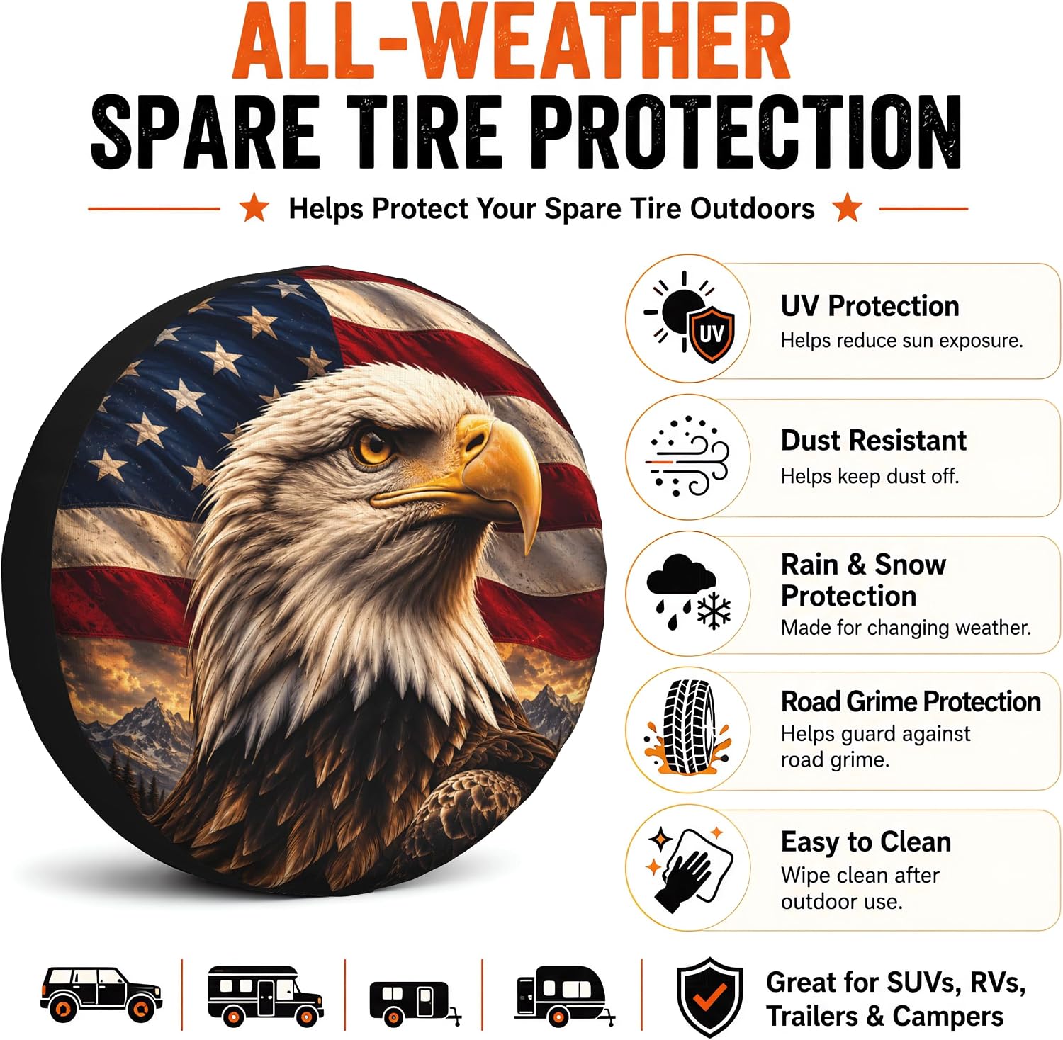 Bald Eagle Spare Tire Cover for SUVs RVs Trailers Campers Trucks, Universal Spare Wheel Cover, American Flag Patriotic Tire Cover for Outdoor Spare Tire Protection (14 inch for Diameter 23"-27")