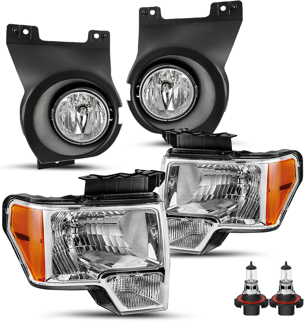 JSBOYAT Halogen Headlight & Fog Light Assembly Set Bulbs Included for 2009 to 2014 Ford F150