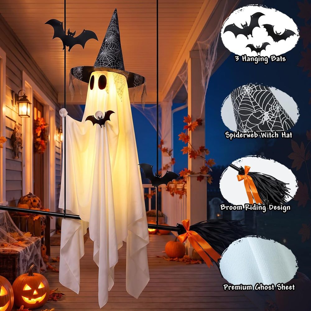 Halloween Ghost Decor, 60 inch, with Witch Hat and Broom, 8 Lighting Modes