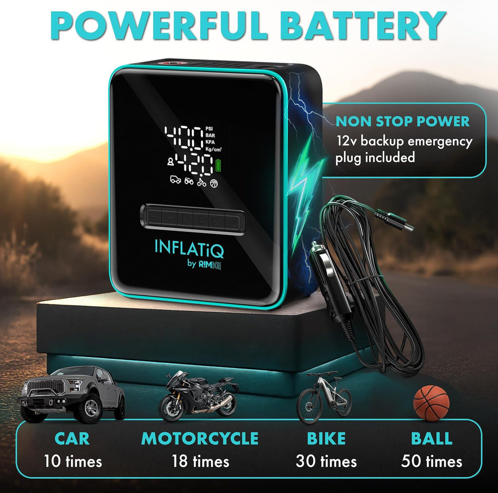 INFLATiQ by RIMiQ Portable Tire Inflator Air Compressor – Twice as Fast QwikFlow Technology with Auto Shut-Off – 11.1V Rechargeable Air Pump with Metal Gears and Premium Carry Case