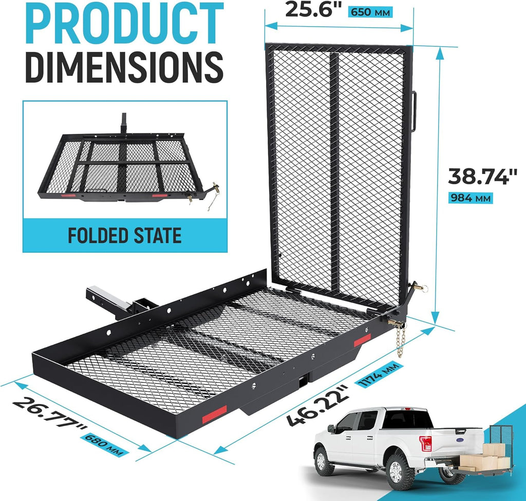 ECOTRIC 46.2 X 26.8 X 38.7 Inch Hitch Cargo Carrier W/Ramp Foldable 500 Lbs | Trailer Hitch Mount Steel Wheelchair Carrier Mobility Scooter Ramp 2" Hitch Receiver for Snow Blower SUV Truck Van Car