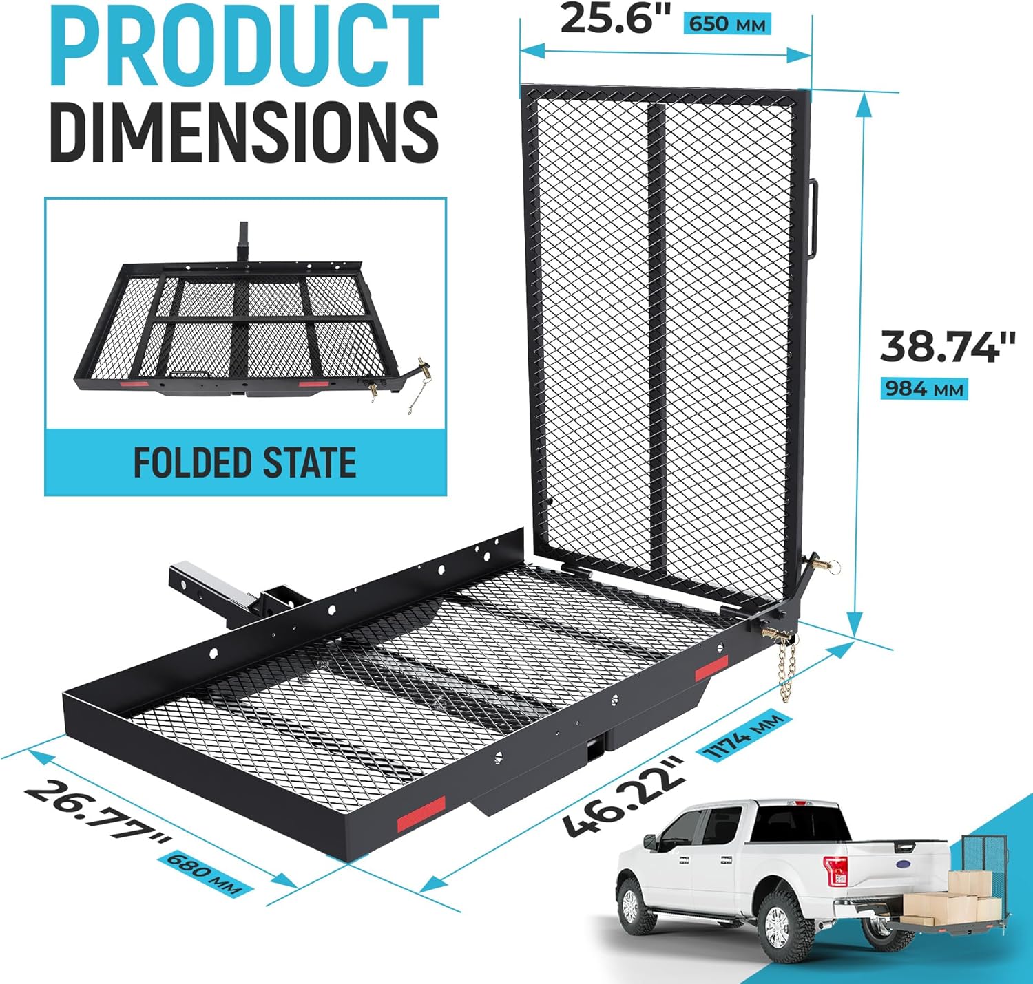 ECOTRIC 46.2 X 26.8 X 38.7 Inch Hitch Cargo Carrier W/Ramp Foldable 500 Lbs | Trailer Hitch Mount Steel Wheelchair Carrier Mobility Scooter Ramp 2" Hitch Receiver for Snow Blower SUV Truck Van Car