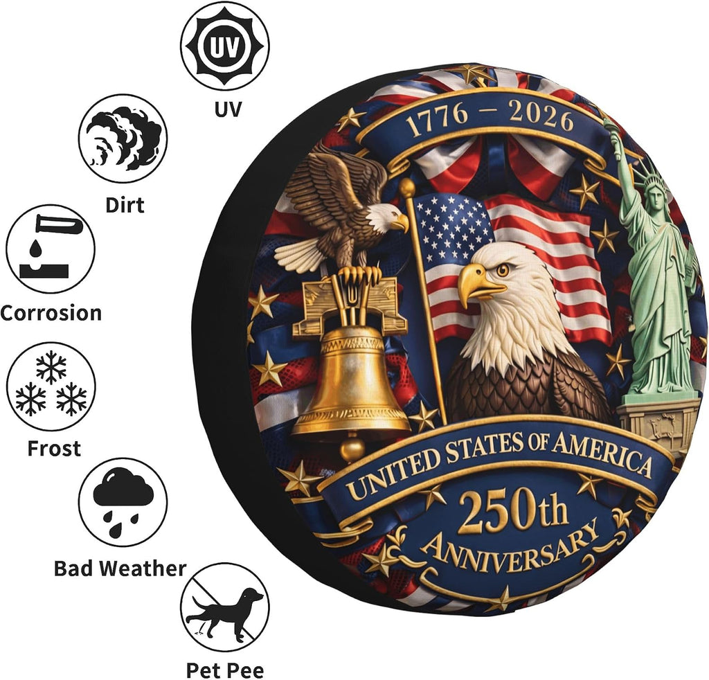 250 Anniversary USA Spare Tire Cover for RV Camper Trailer America 250th Anniversary 4th of July Weatherproof Universal Spare Tire Cover 15inch