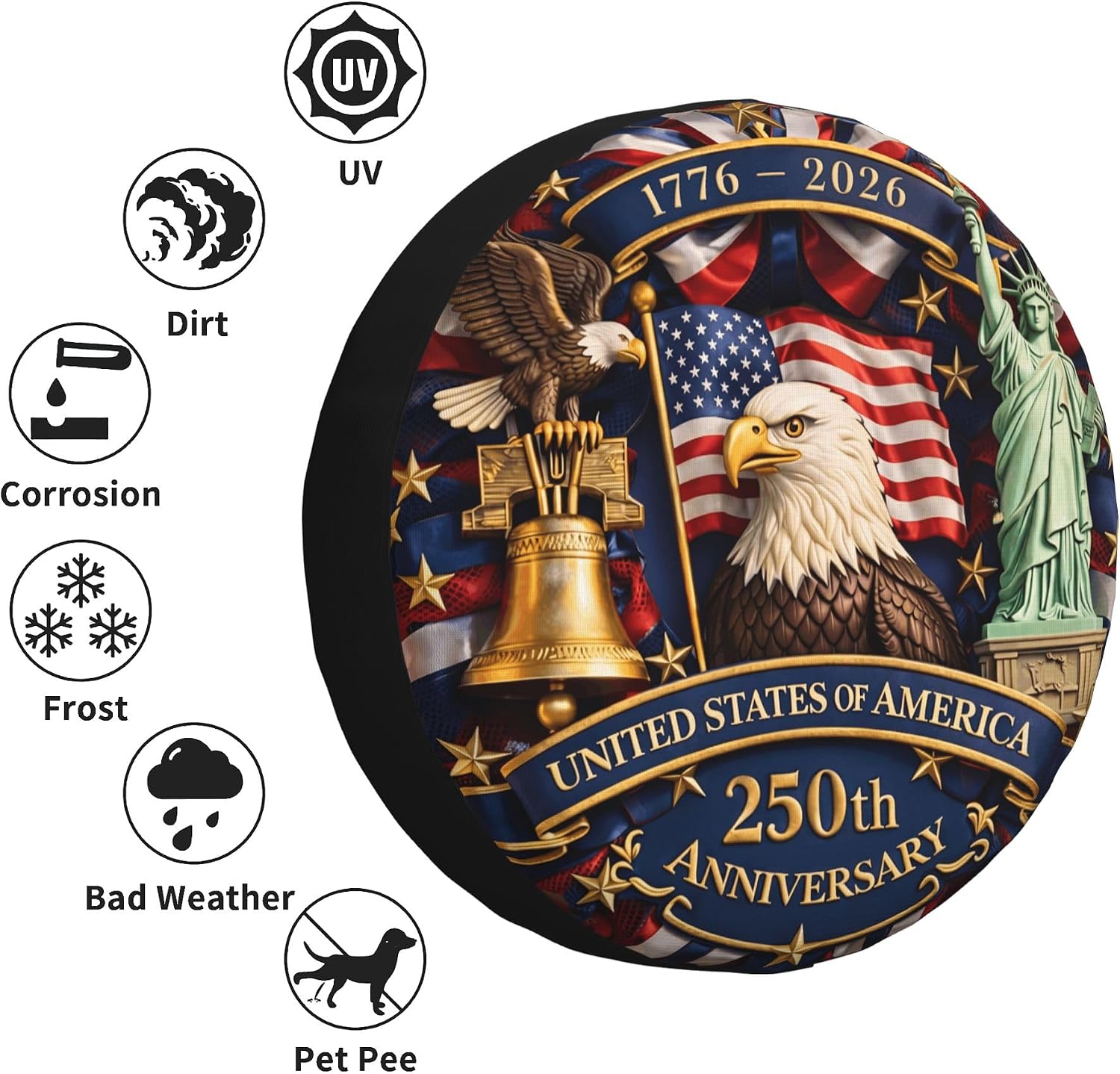 250 Anniversary USA Spare Tire Cover for RV Camper Trailer America 250th Anniversary 4th of July Weatherproof Universal Spare Tire Cover 15inch