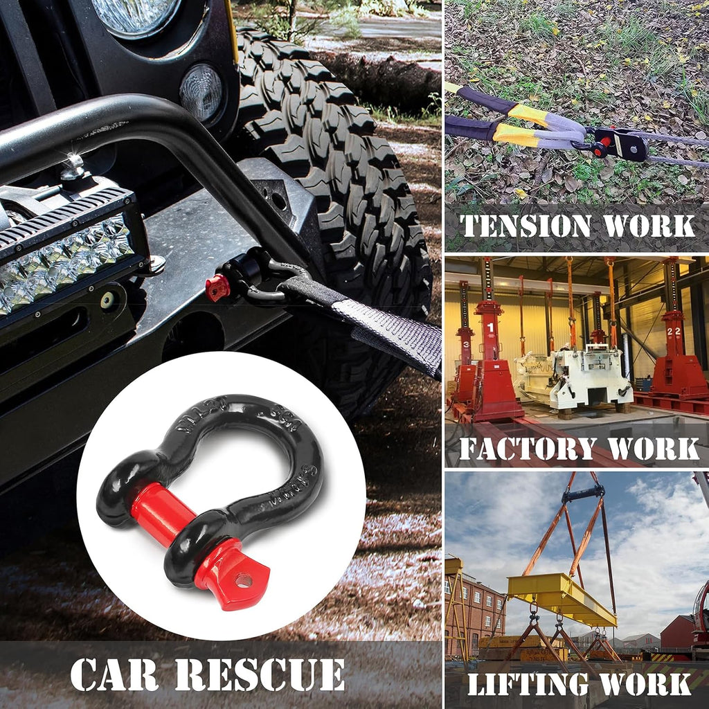 1/2" D Ring Shackle with 5/8" Screw Pin, 2T Working Load Limit (WLL) / 12T (26,455 lb) Minimum Breaking Strength (MBS) for Tow Strap Winch, Off-Road Vehicle Recovery (Black/Red, 2 Pack)