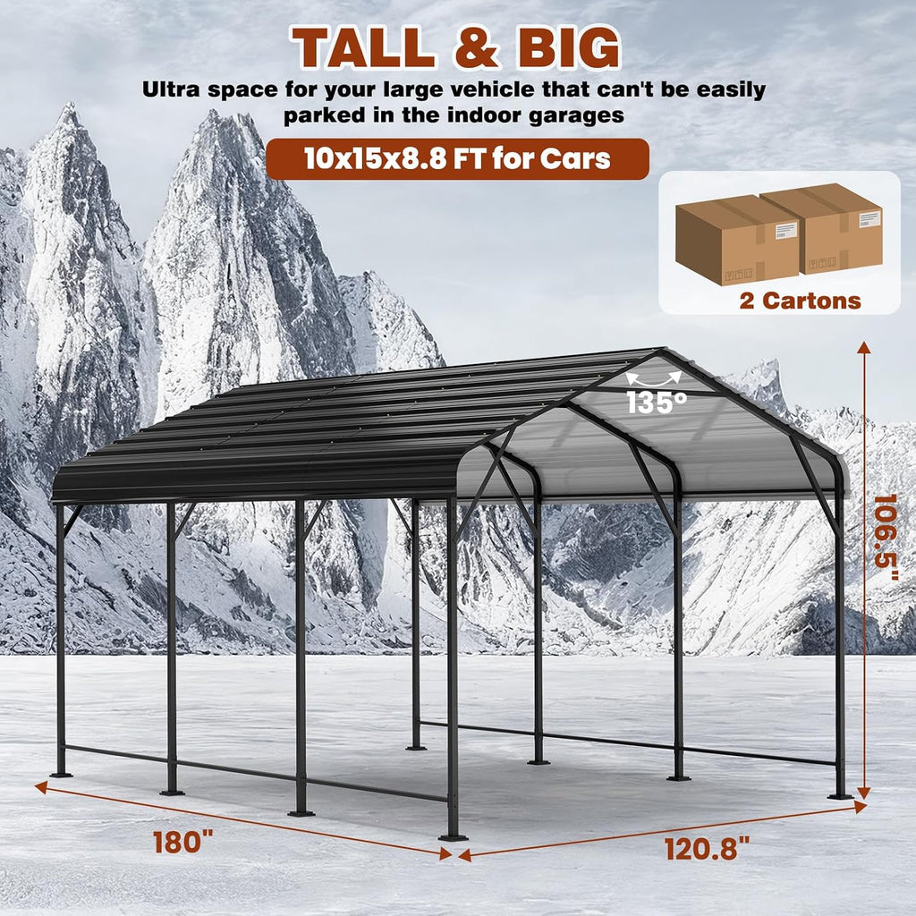 leveleve 10x15 ft heavy-duty metal carport, galvanized steel shown in use