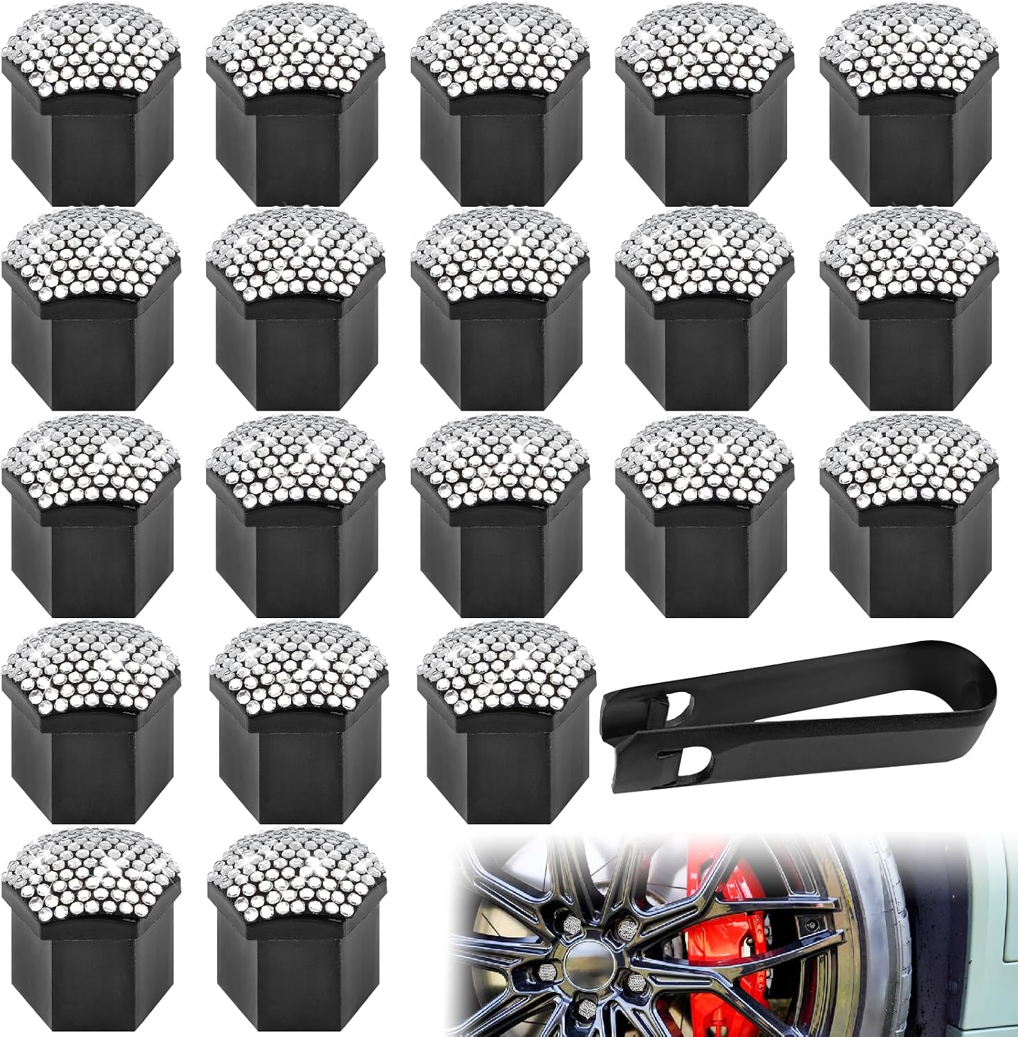 20 Pack Durable Anti-Theft Lug Nut Covers (19mm/0.75in) Universal Wheel Hub Bolt Caps with Removal Tool Automotive Decoration Accessories for Most Cars Diamonds White