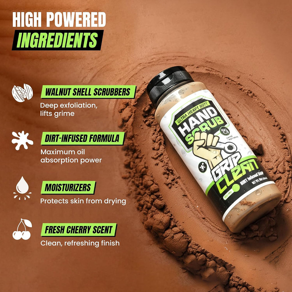 Grip Clean Ultra Heavy Duty Hand Cleaner for Mechanics – Walnut Shell & Clay-Infused Technology Removes Grease, Oil & Paint – Pro-Grade Industrial Hand Soap with Cherry Scent - 8 Fl Oz