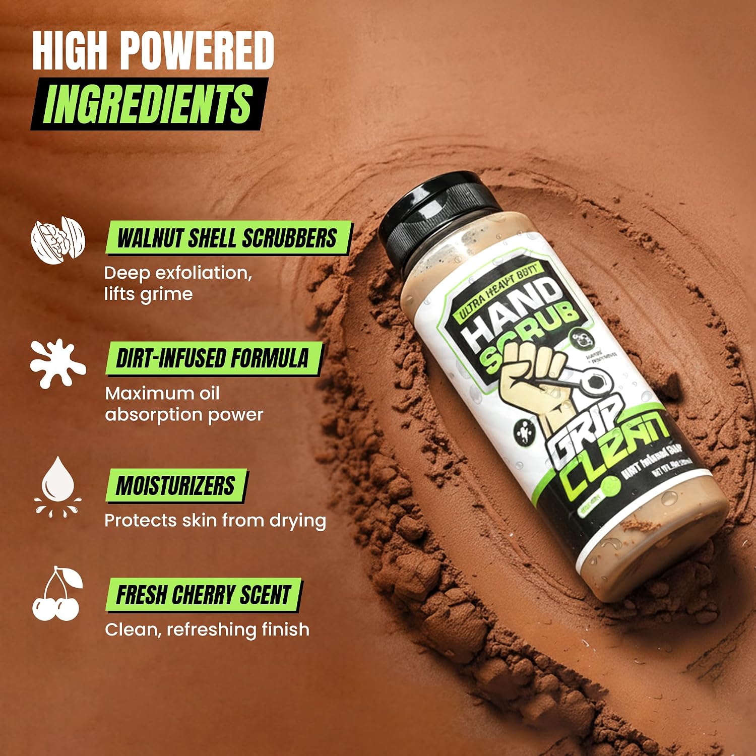 Grip Clean Ultra Heavy Duty Hand Cleaner for Mechanics – Walnut Shell & Clay-Infused Technology Removes Grease, Oil & Paint – Pro-Grade Industrial Hand Soap with Cherry Scent - 8 Fl Oz