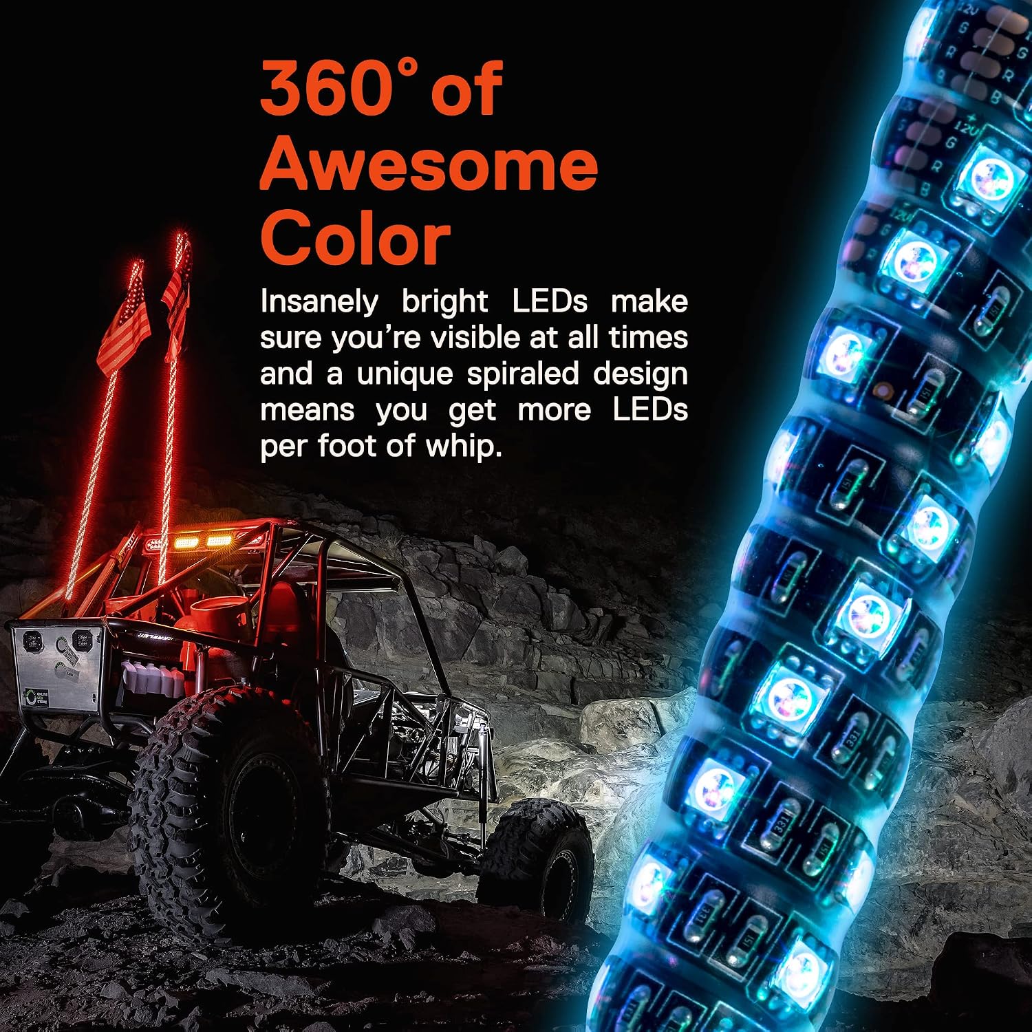True Mods 4ft Spiral RGB LED Whip Light for UTV ATV [RF Wireless Remote] USA Flag Waterproof LED Lighted Whip CB Antenna Pole Stick for RZR Can-Am Polaris SxS 4x4 Quad Dune Buggy 4 Wheeler Accessories