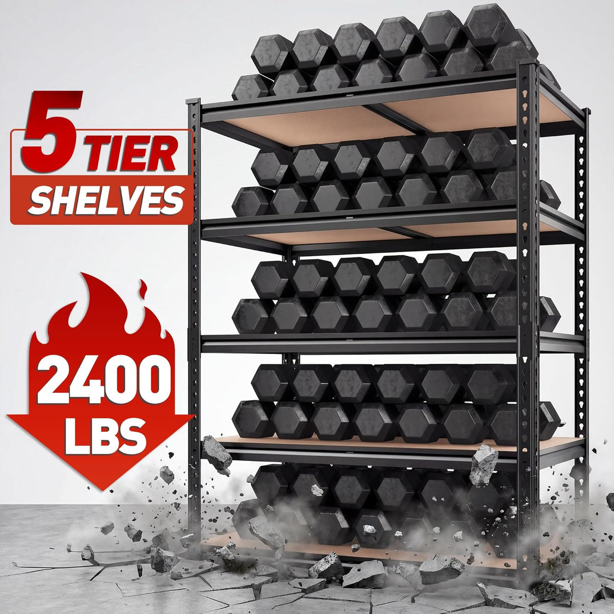 reibii 2 pack garage shelving, 2400lbs each,heavy duty showing dimensions