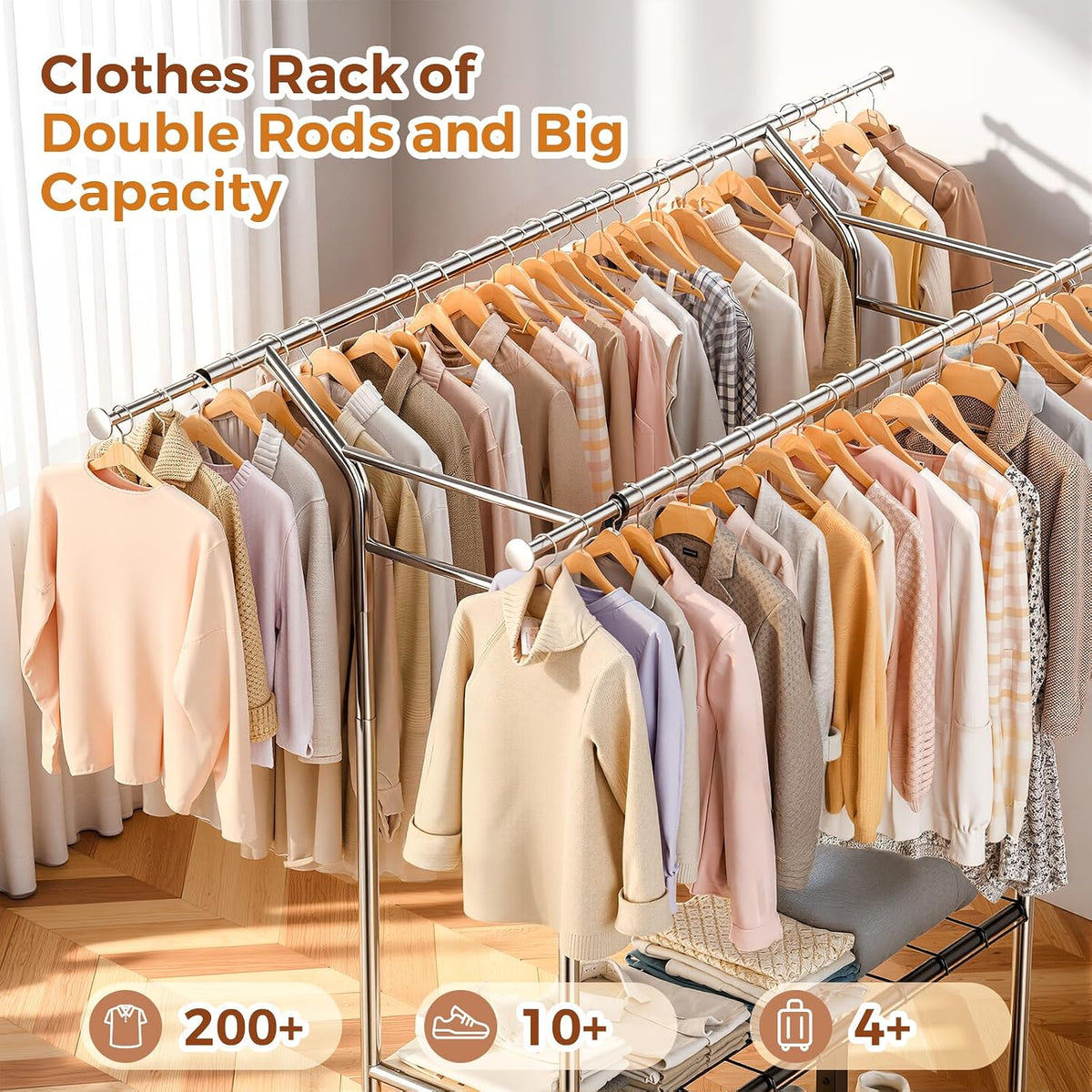luxspire double rod clothing racks for hanging clothes, close-up detail