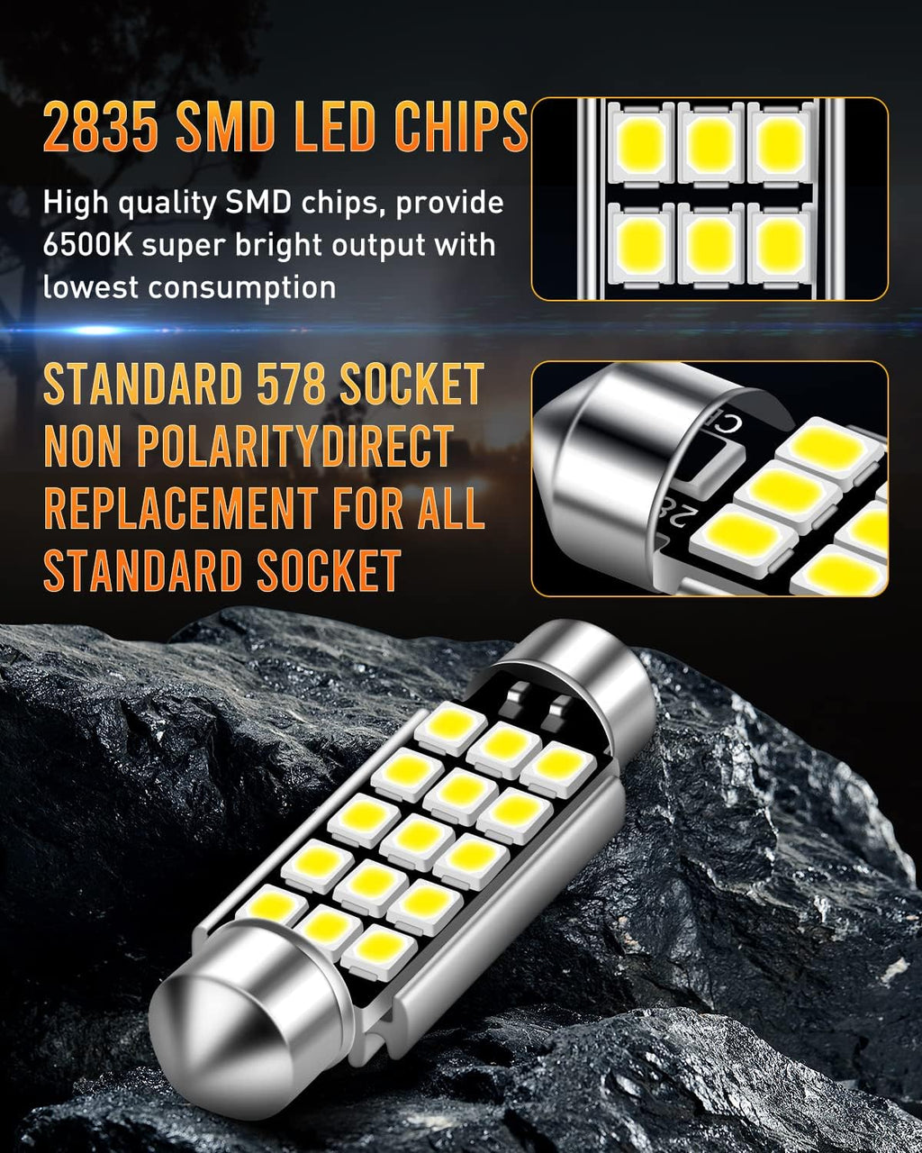569 578 211-2 212-2 LED Dome Light Bulbs 360 Lumens Super Bright 2835 15-EX Chipsets Used For Dome Interior Map Lights, Xenon White, Pack of 5