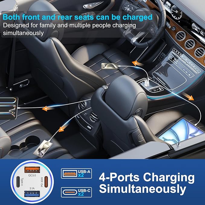 Car Charger USB C, 4 in 1 65W Fast Charging 4-Port Dual USBC & USB A Car Phone - Image 3