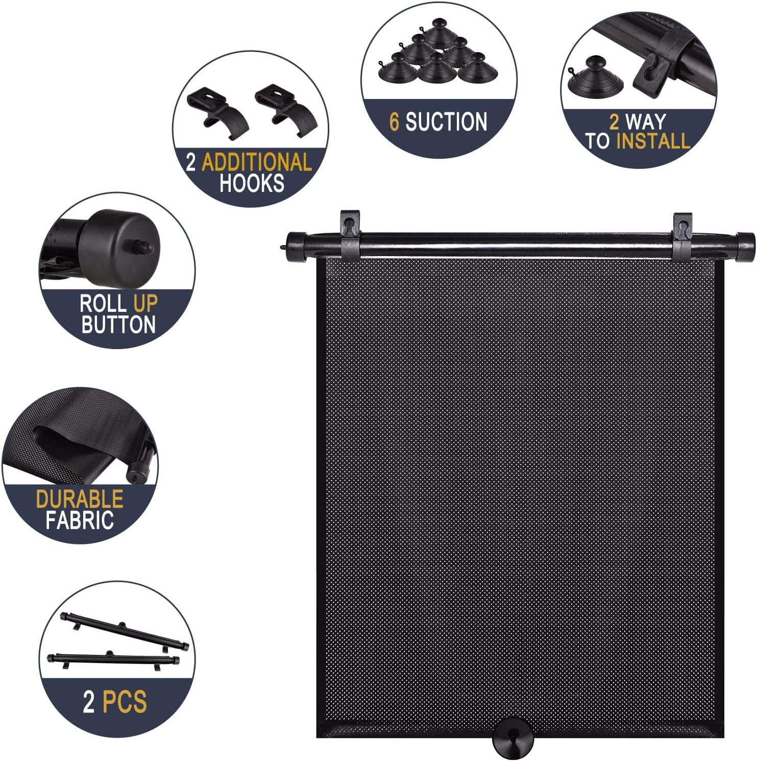 2 Pack Large Car Side Window Sun Shade for Baby, Retractable Roller Car Window Shades UV Protection, Clip-On Sunshade for SUV Truck Rear Side Window, 18" x 20" Vehicle Sun Protection Shade