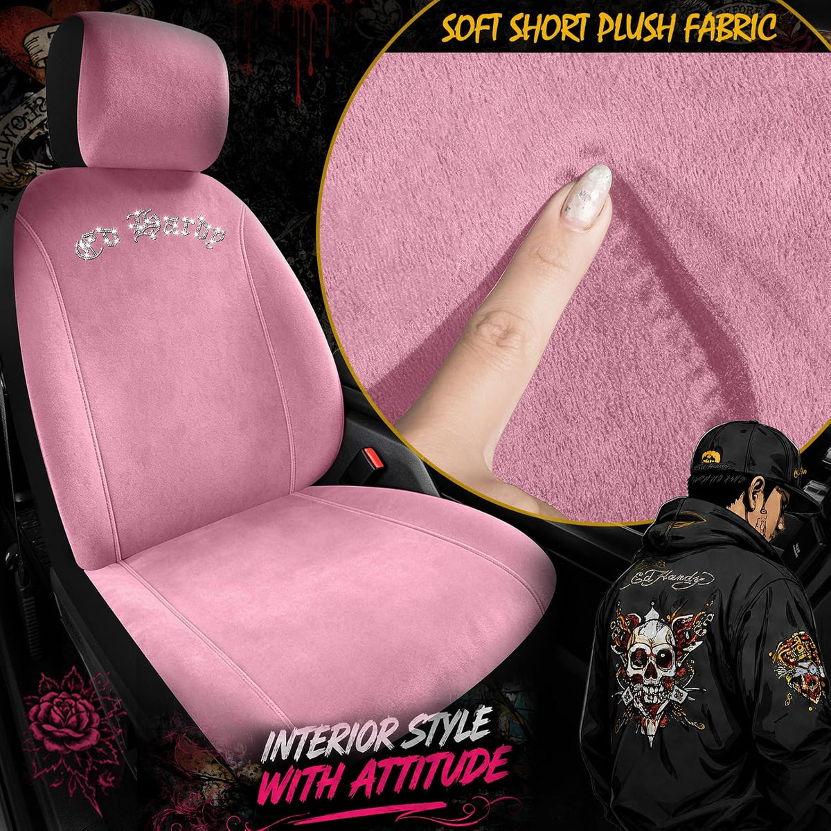 ed hardy car seat covers, pink soft short showing dimensions