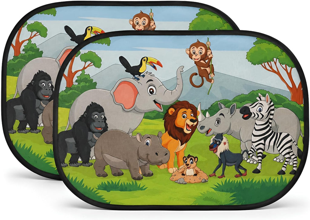 Car Window Shade for Baby Kids, 2 Pack Cartoon Animal Side Window Sun Shades, UV Protection Baby Car Window Shades for Sun Glare, Heat & Travel Comfort (Safari)