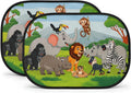Car Window Shade for Baby Kids, 2 Pack Cartoon Animal Side Window Sun Shades, UV Protection Baby Car Window Shades for Sun Glare, Heat & Travel Comfort (Safari)