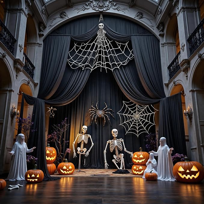 PartyVillage 50ft×15ft Black Backdrop Curtain for Halloween Parties, 10 Panel...