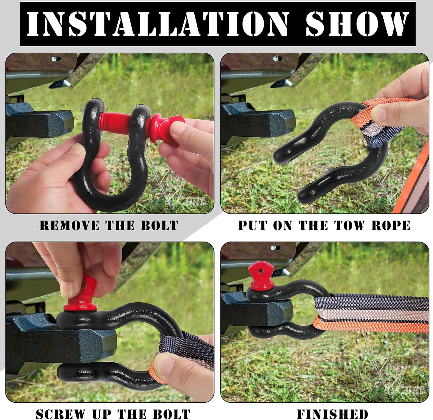 1/2" D Ring Shackle with 5/8" Screw Pin, 2T Working Load Limit (WLL) / 12T (26,455 lb) Minimum Breaking Strength (MBS) for Tow Strap Winch, Off-Road Vehicle Recovery (Black/Red, 2 Pack)