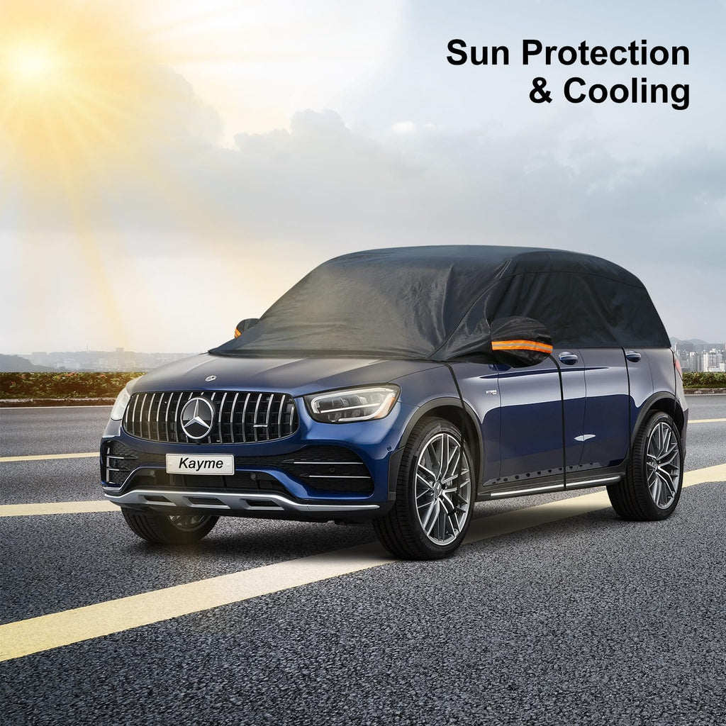Kayme Half Car Cover, Windshield Cover for Ice and Snow Top with Reflective Straps, Roof Cover Waterproof All Weather Dust, Sun Protection. Front Rear Window Cover Fit SUV. YL (143''-157'')