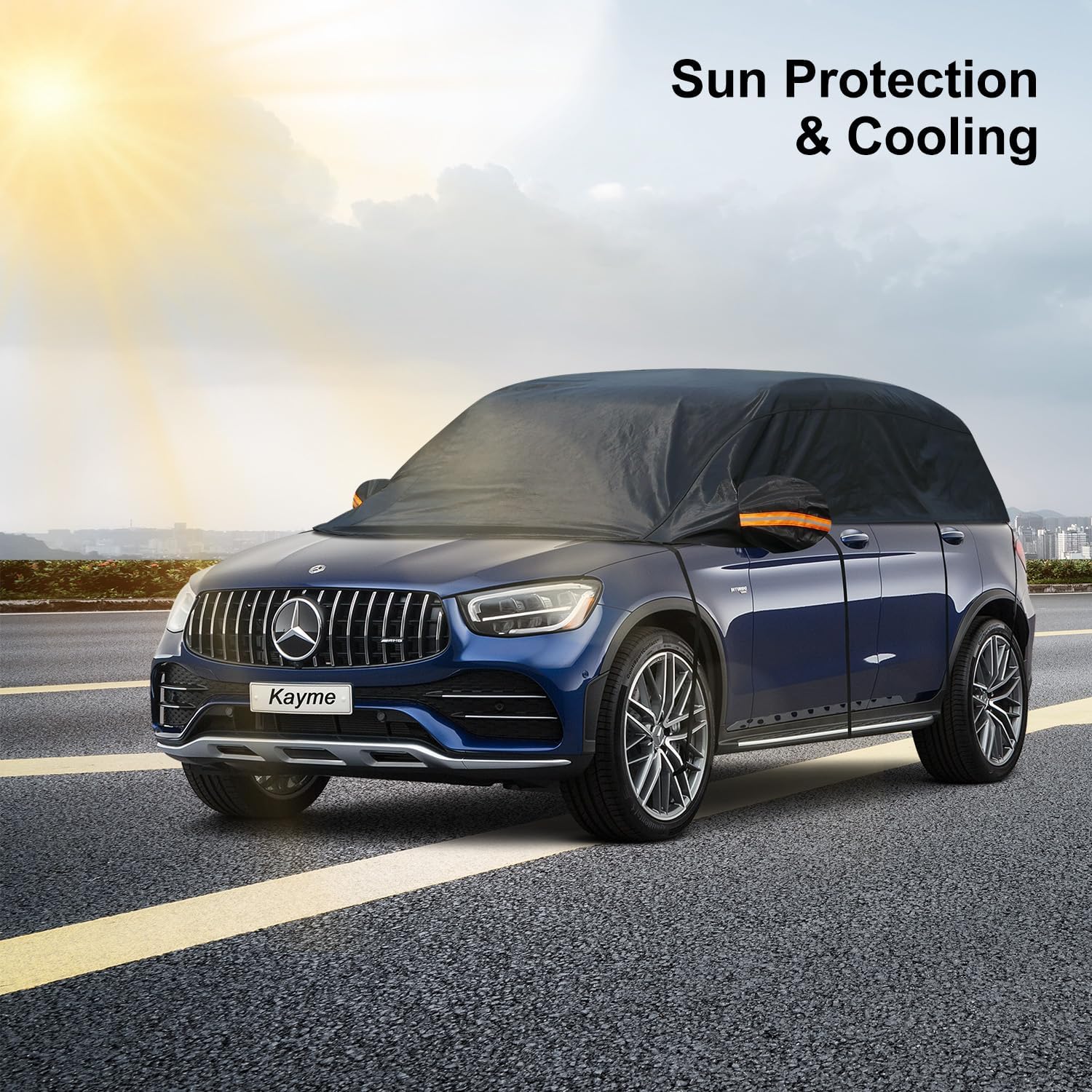 Kayme Half Car Cover, Windshield Cover for Ice and Snow Top with Reflective Straps, Roof Cover Waterproof All Weather Dust, Sun Protection. Front Rear Window Cover Fit SUV. YL (143''-157'')