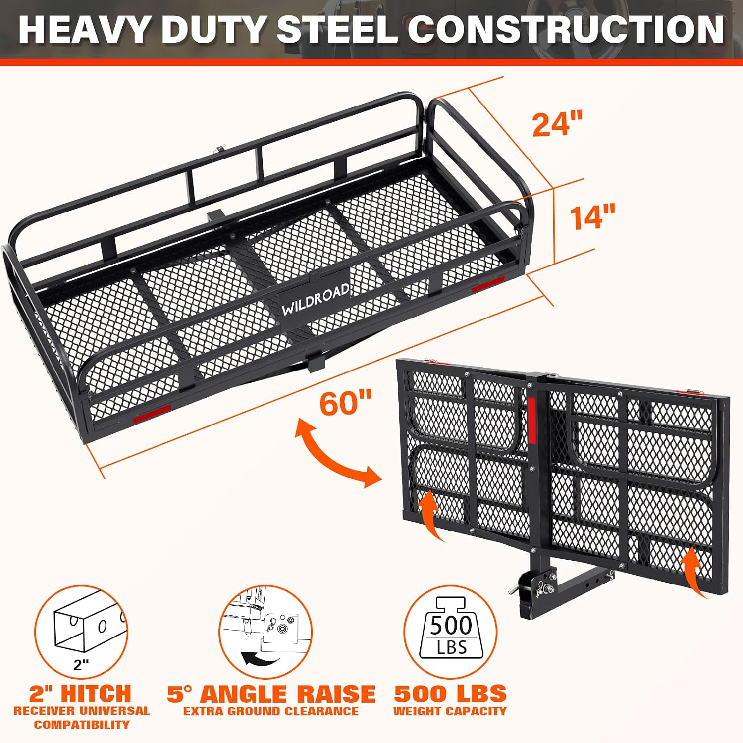 Wildroad 500 Lbs Hitch Cargo Carrier Set, Heavy Duty Cargo Carrier Hitch Mount 60"x24"x14" for 2" Receiver, SUV Car Truck, Includes Waterproof Cargo Bag, Cargo Net, Straps & Dual Tightener