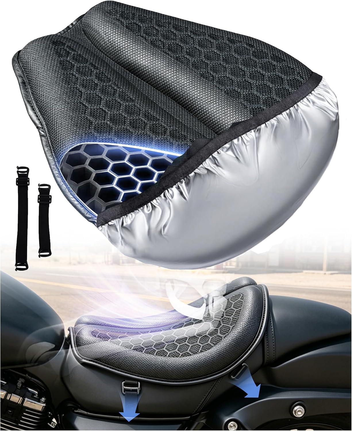 Seat Cushion with Cover - Foldable 3D Motorcycle Gel Seat Cushion, Comfort & Butt Protection for Long Rides, Non-Slip Shock Absorbing, Stay Cool & Comfortable(Cushion with Cover)