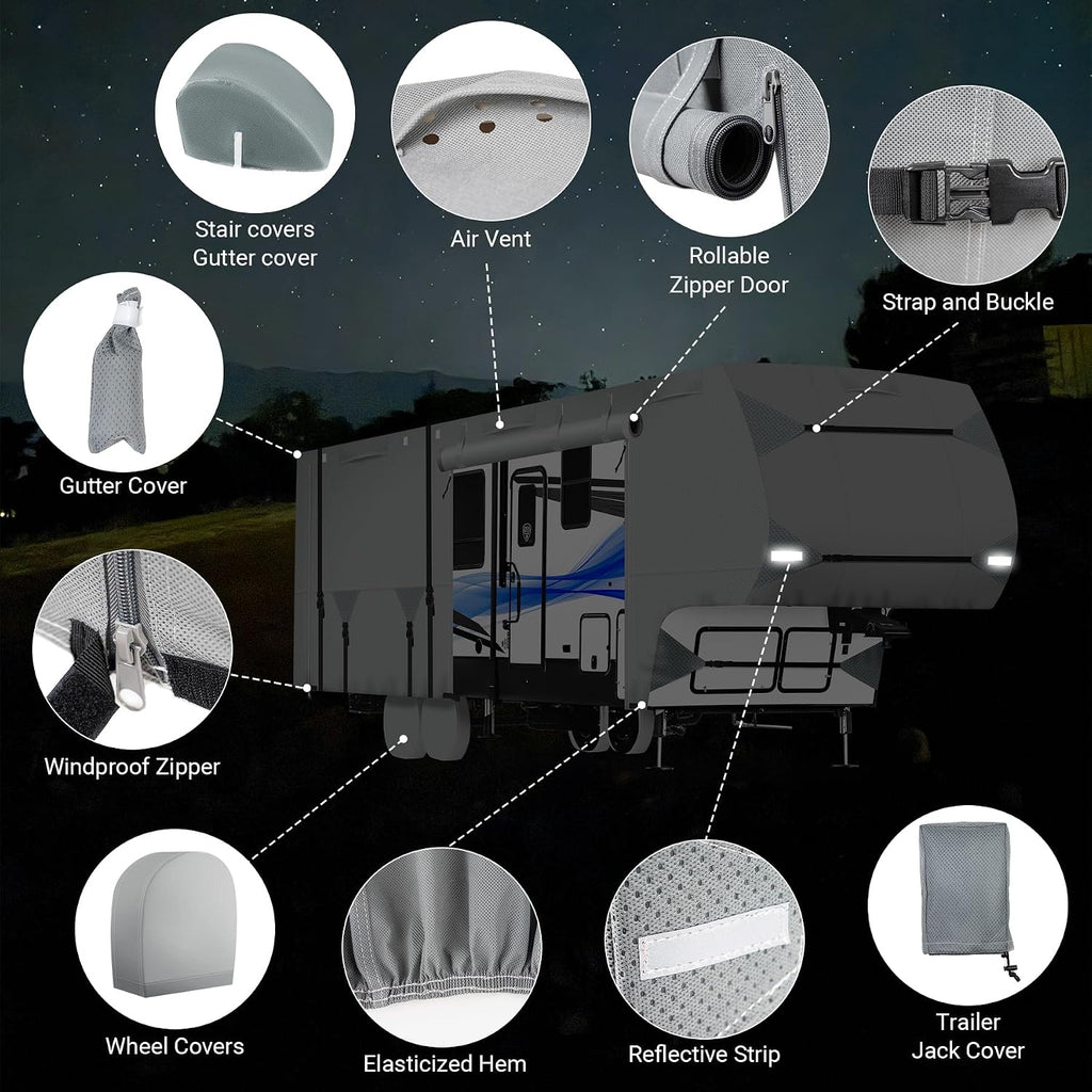 5th Wheel RV Cover 28-31ft, Upgraded 7-Layer Thick | 400 LBS Tearproof, Waterproof, Anti-UV & Windproof Camper Cover w/Tongue Jack Cover, Gutter Covers, Tire Covers, Stair Cover, Straps & Storage Bag