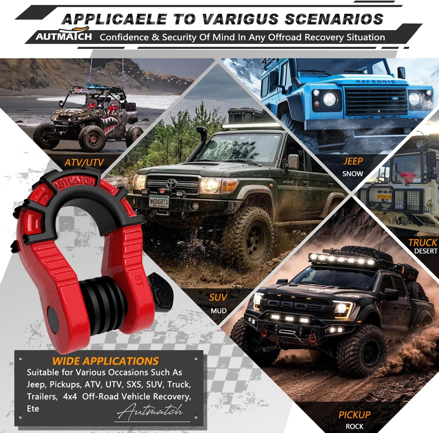 AUTMATCH D Ring Shackles 3/4" Mega Shackle (2 Pack) 68,000Ibs Break Strength - Heavy Duty Clevis Shackle 7/8" Screw Pin & Isolator Washer for Tow Strap Winch Off Road Vehicle Recovery, Red & Black