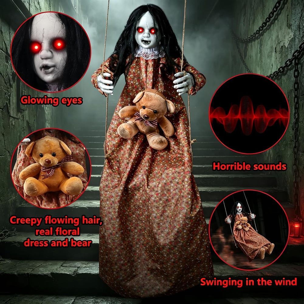 Scary Halloween Decorations Outdoor 45" Hanging Swinging Doll Creepy Girl