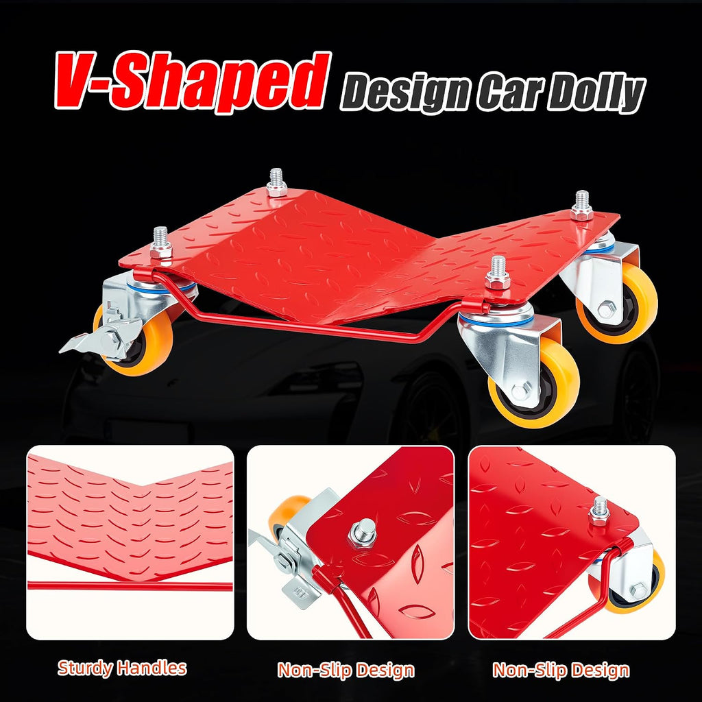 Steel Tire Wheel Dolly Set of 4 with Anti-Skid Plate, 360° Swivel Casters, Red, 5500 lbs Capacity