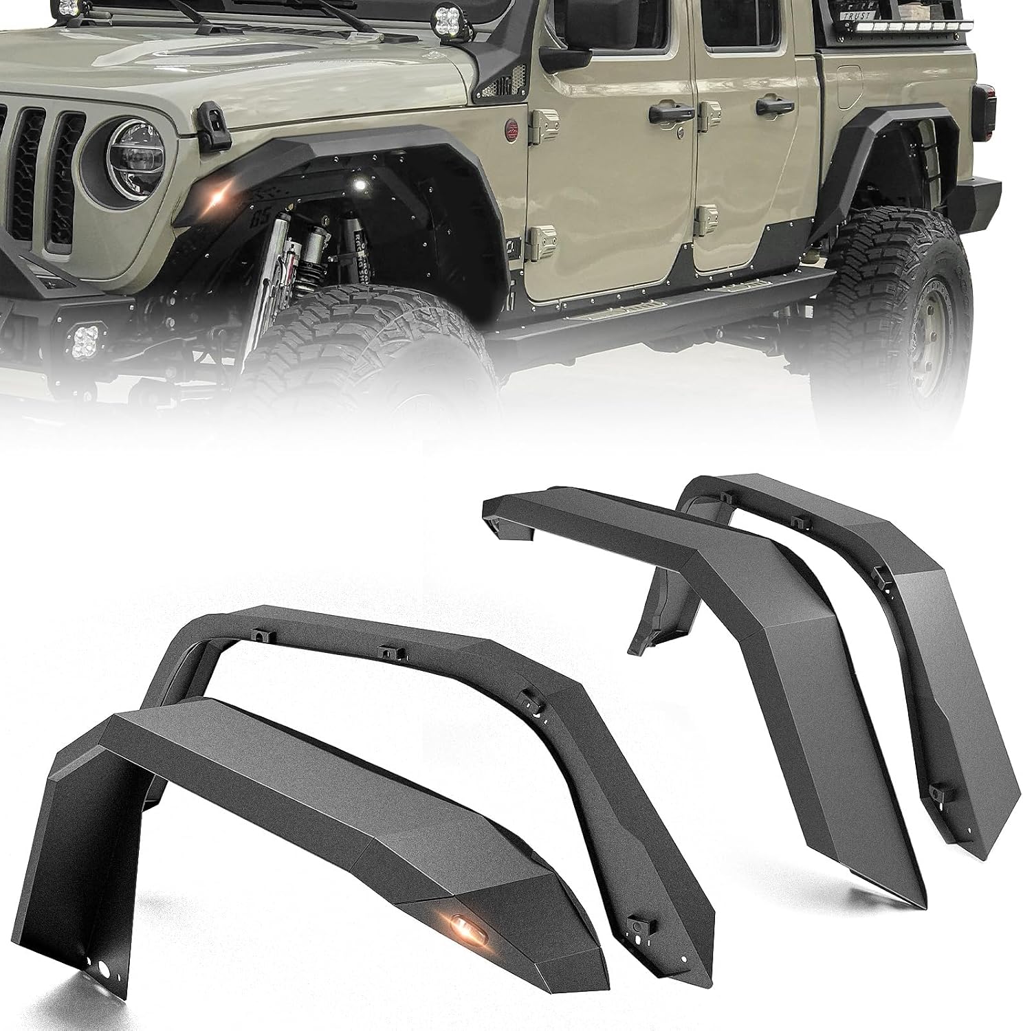 for Gladiator JT Flat Front and Rear Fender Flares with Turn Signal Lights Compatible with 2020-2026 Jeep Gladiator JT, Combo Wheel Fenders Heavy Duty Steel Mud Guard(4 PCS Kit)