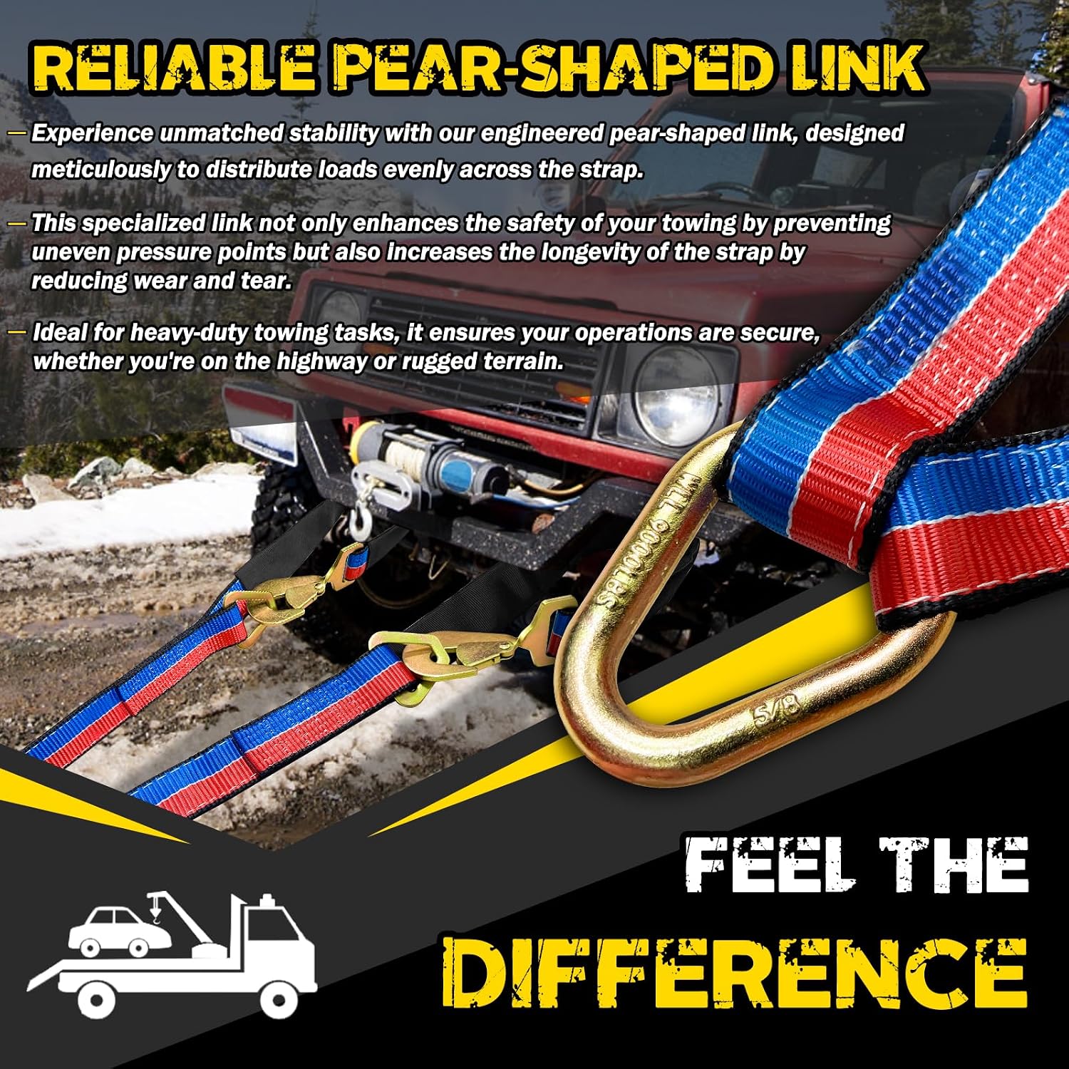 V-Bridle Tow Strap(Red&Blue) 2" x 4' with Snap Hooks, Cordura Sleeve, and Axle Straps, D-Ring for Enhanced Stability, Recovery Strap 5500lbs Load for Car Towing, Rollback, Flatbed, Tow Truck