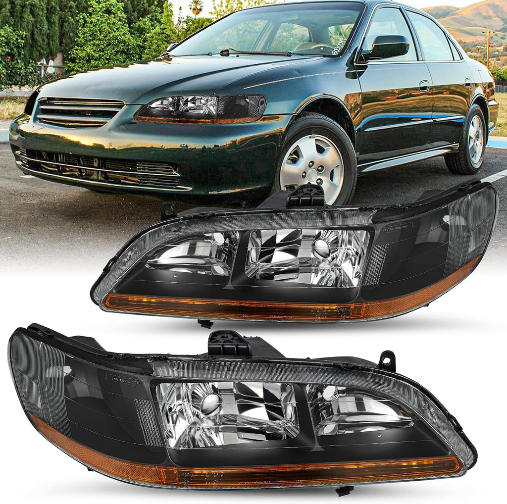 JSBOYAT Headlight Assembly Replacement for 1998-2002 Honda Accord Black Housing with Amber Reflector (Driver and Passenger Side)