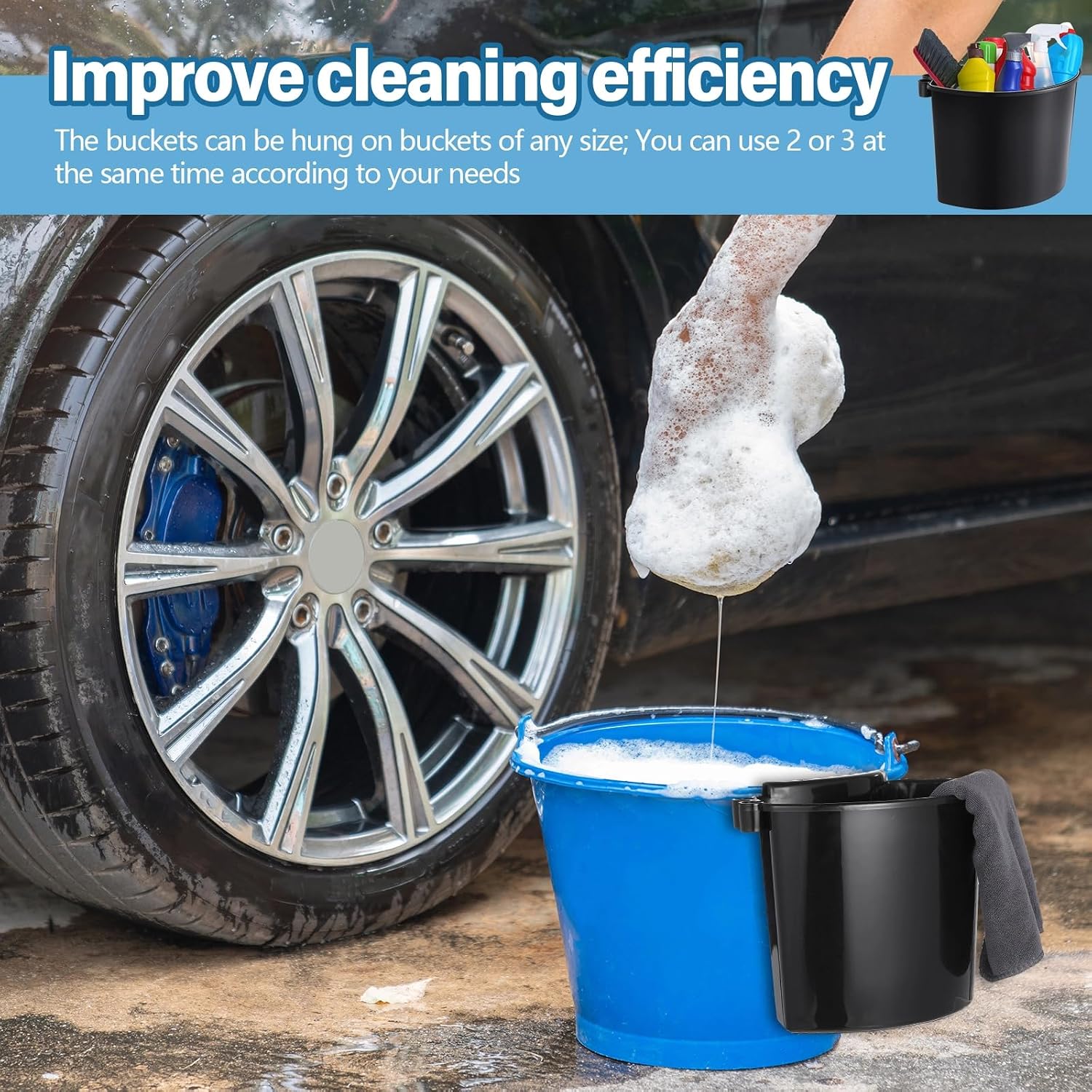 2 Pcs Car Detailing Bucket Organizer 10.2 x 7.8 x 5.5 Inch Car Washing Bucket Caddy Portable Multipurpose Hanging Organizer for Accessories Tool Home Garden Camping (Black)