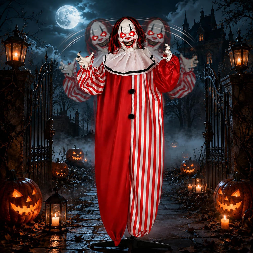 65" Halloween Decoration, Scary Animatronic Clown Prop w/LED Light-Up Ey...