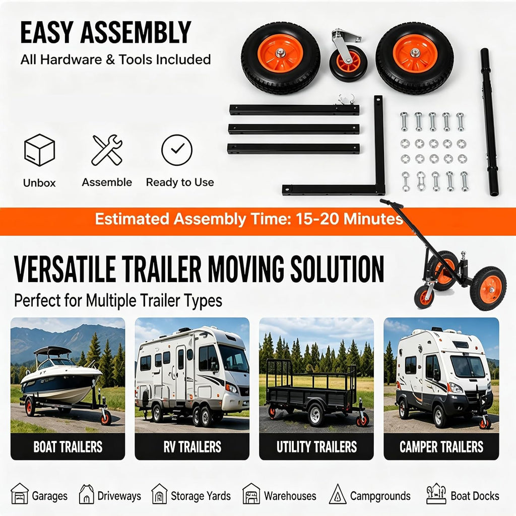 1000LBS Heavy Duty Manual Trailer Dolly,14" Pneumatic Tires | Adjustable Height Trailer Mover with 2" Hitch Ball,Portable Trailer Handling tug for Boat Camper RV & Utility Trailer
