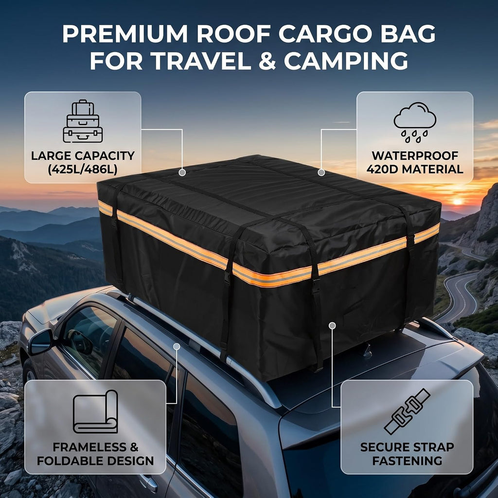 Large Capacity Water Proof Rooftop Cargo Bag, 425L 486L Universal Fit for Vehicles with or Without Roof Racks Foldable (M)