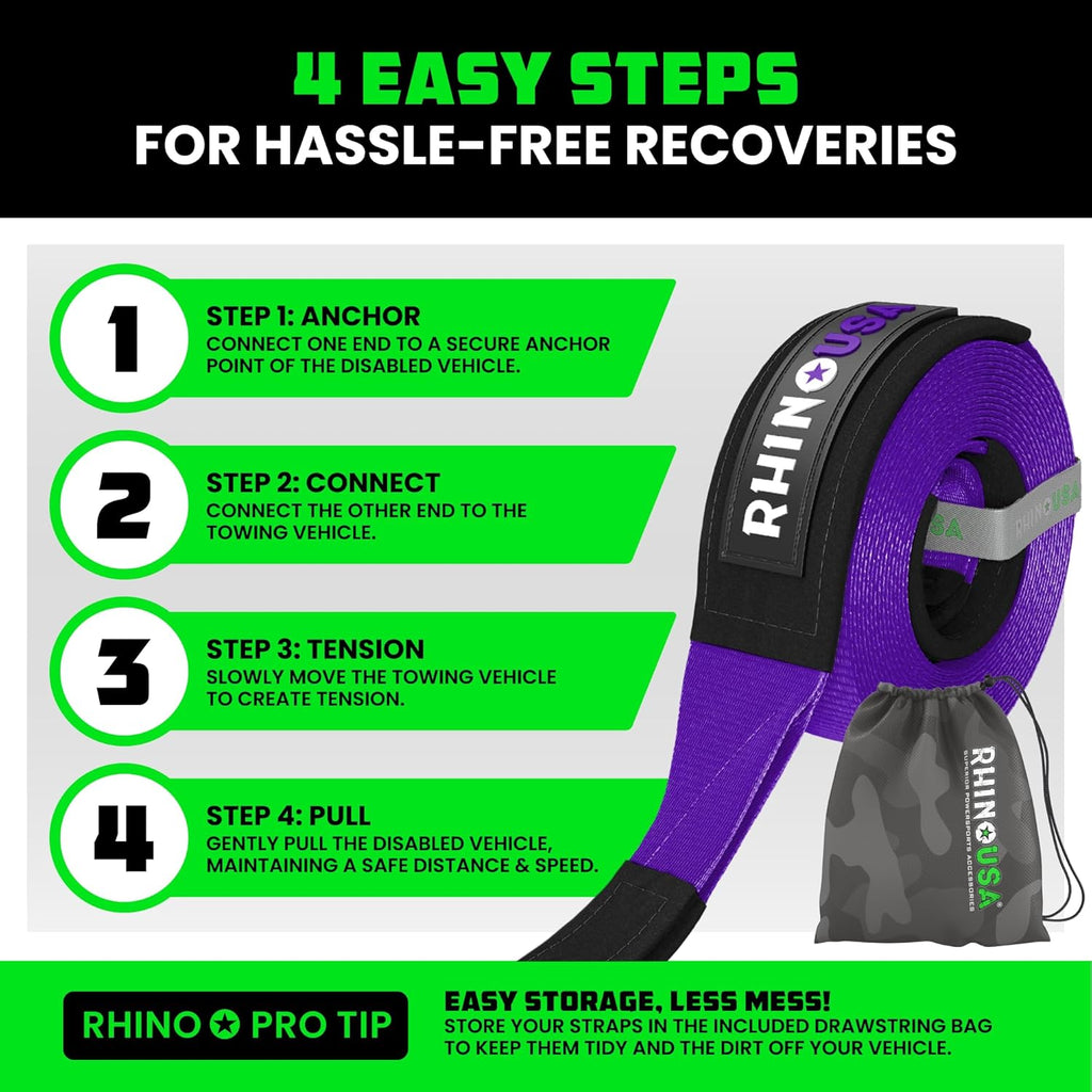 Rhino USA Recovery Tow Strap (3" x 20') - 31,518lb Break Strength - Emergency Recovery Strap Tow Rope for Truck, UTV, ATV & More - Heavy Duty Towing Strap for Offroad 4x4 Use - Compatible with Jeep