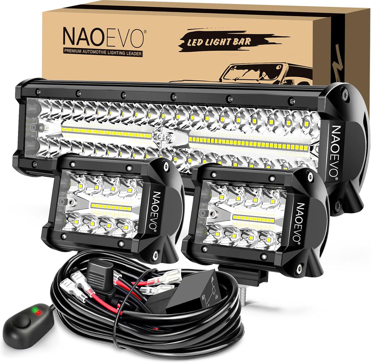 naoevo 12inch led light bar and 2pcs 4inch, main product view