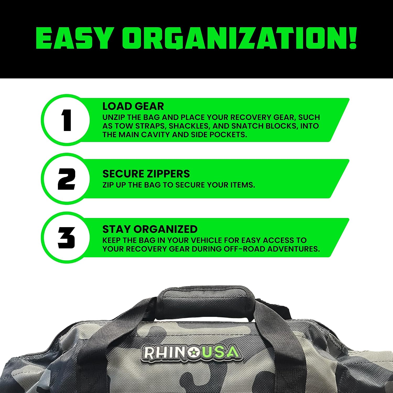 Rhino USA Heavy Duty Recovery Gear Storage Bag - Ultimate Recovery Kit Equipment Bag For Off-Road Gear and 4x4 Accessories - Fits Tow Straps, Shackles, Snatch Block, and UTV Accessories (Camouflage)